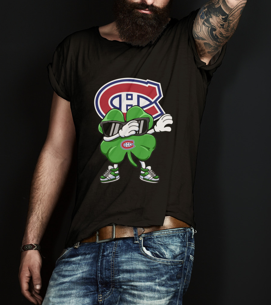 Montreal Canadiens Logo With Dabbing Four-Leaf Clover Wearing Sneakers And Sunglasses T-Shirt