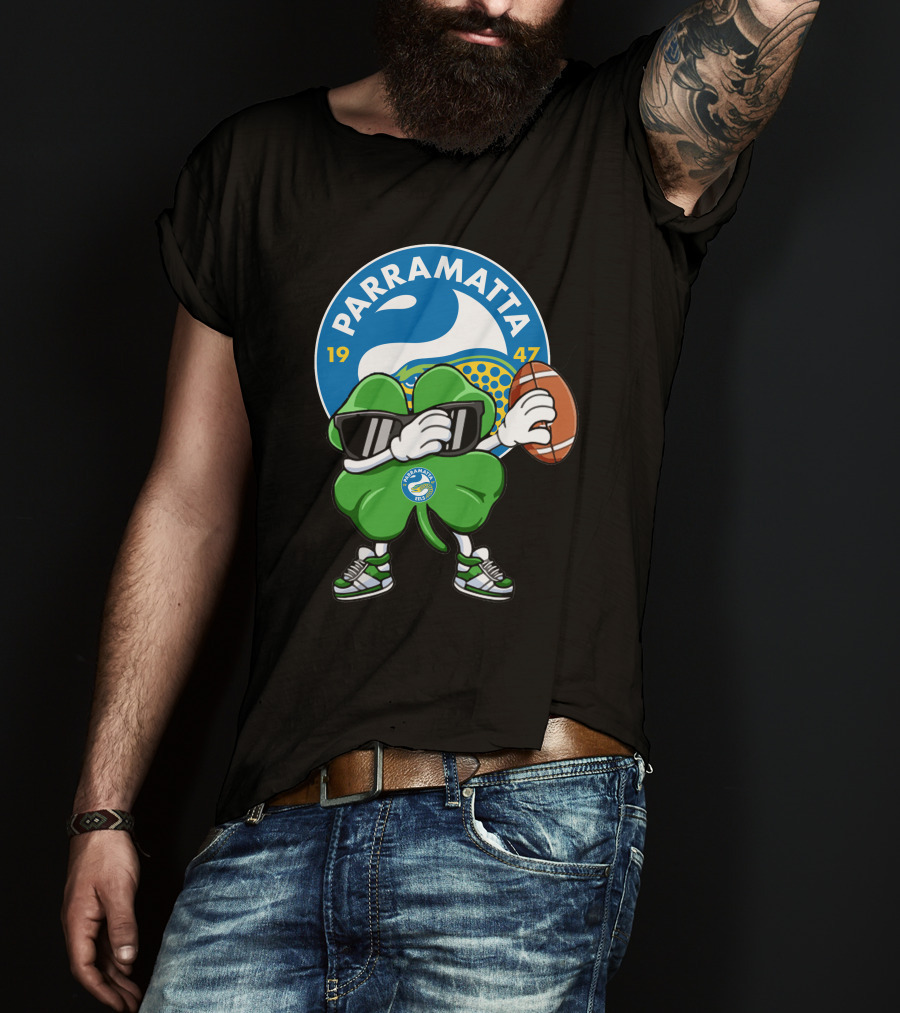 Parramatta Eels 1947 Clover Mascot With Football And Sunglasses T-Shirt