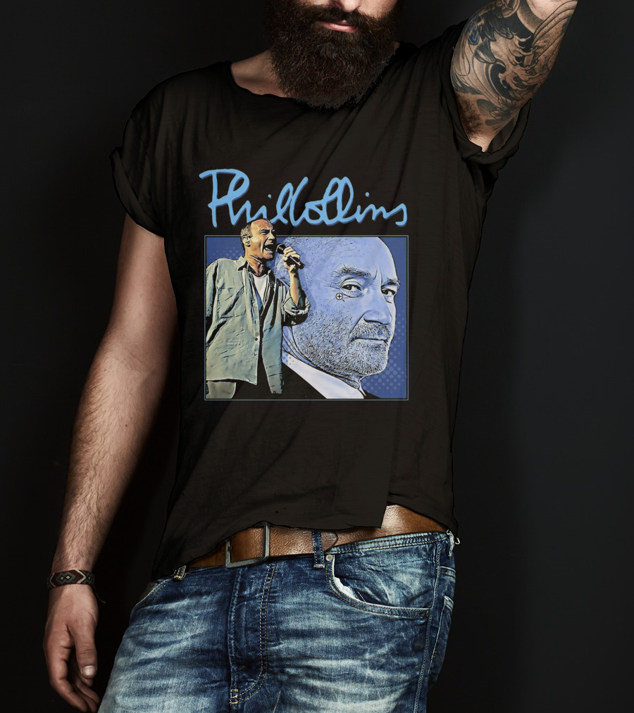 Phil Collins Blue Portrait With Microphone Performance T-Shirt