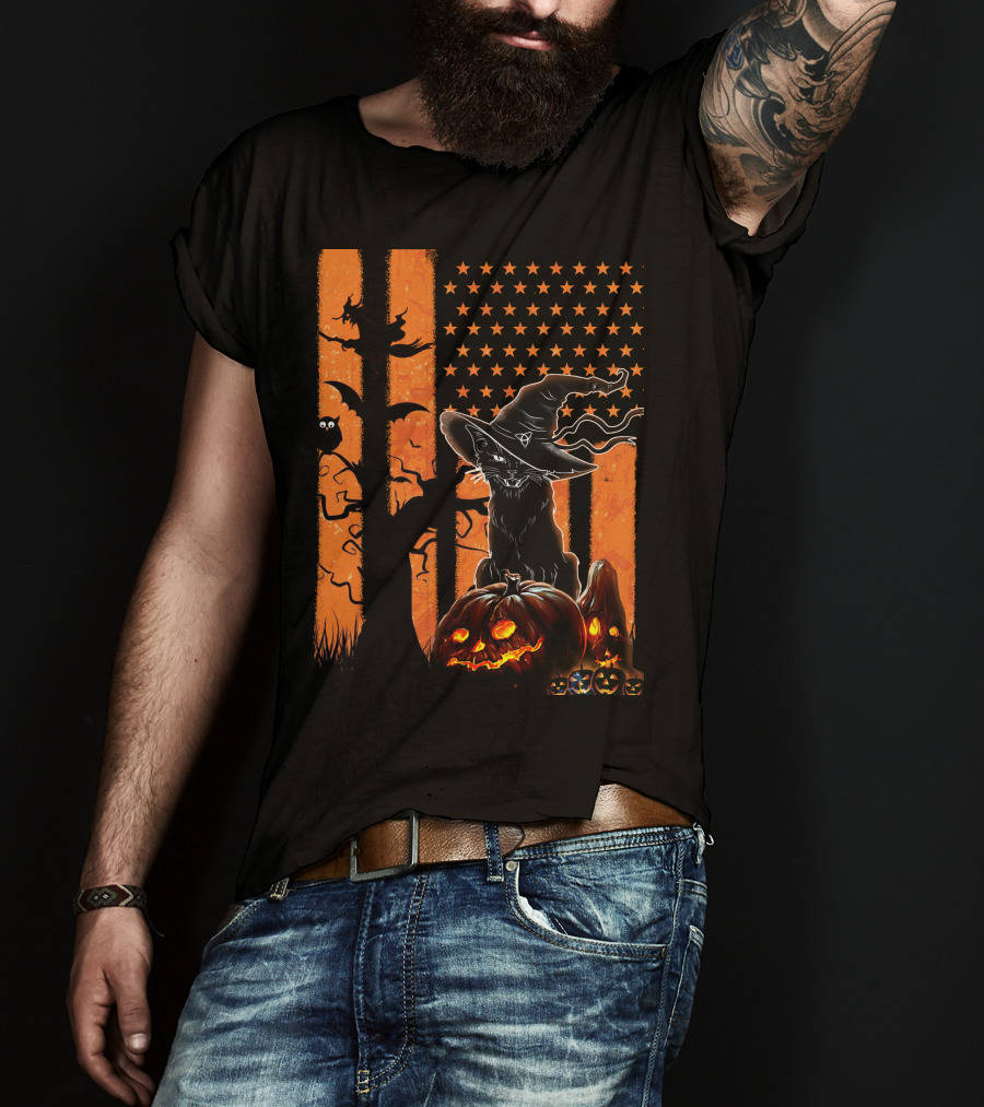 Halloween Black Cat Witch Hat Jack-O'-Lanterns And Stars On Orange Stripes T-Shirt