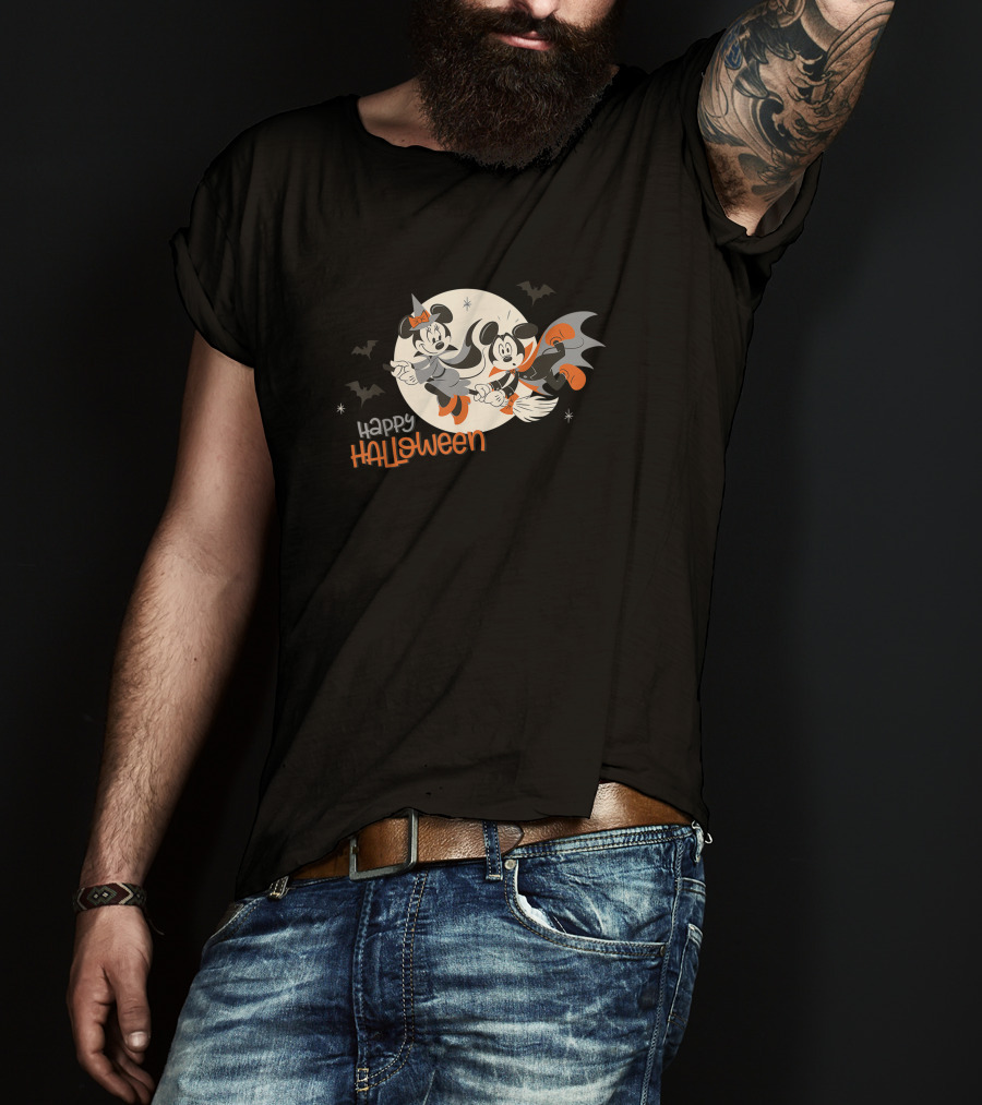 Happy Halloween Disney Minnie And Mickey Flying On Broomsticks T-Shirt