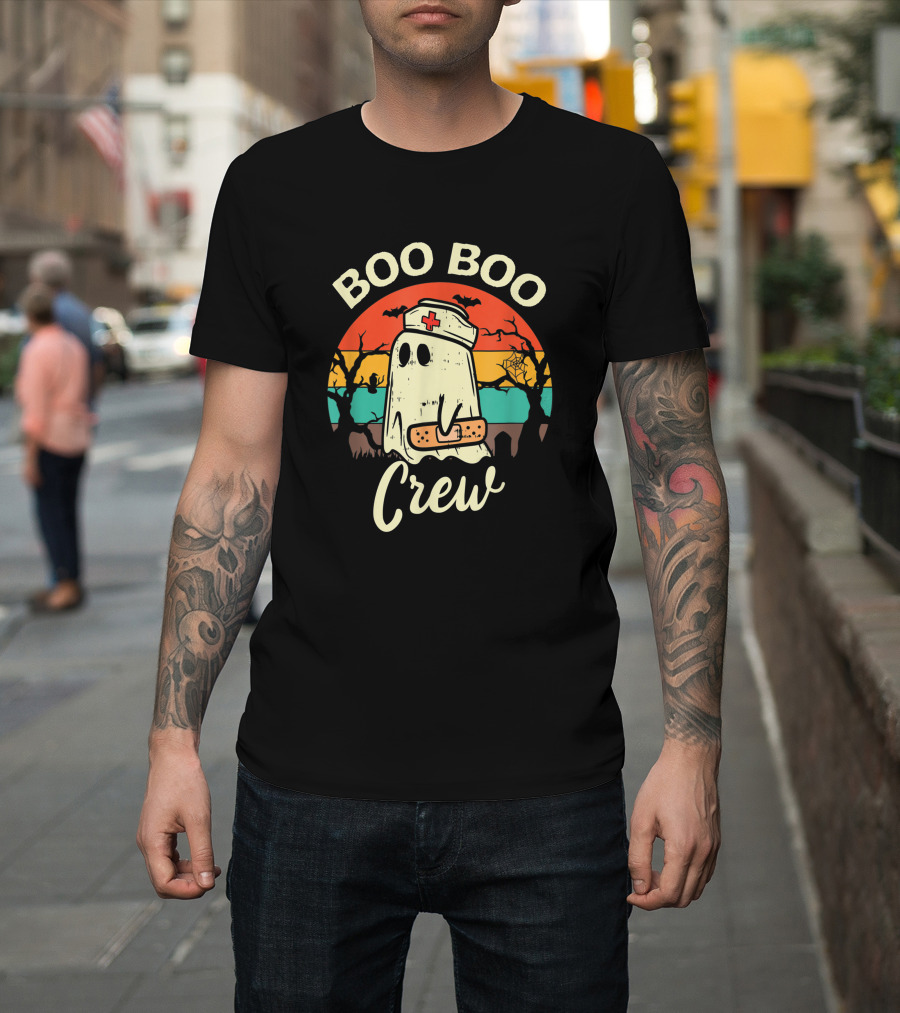 Boo Boo Crew Funny Nurse Ghost Halloween With Bats And Bandage T-Shirt