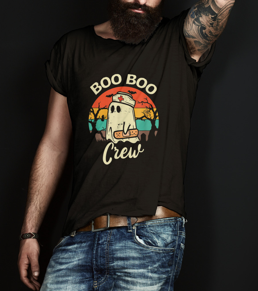 Boo Boo Crew Funny Nurse Ghost Halloween With Bats And Bandage T-Shirt