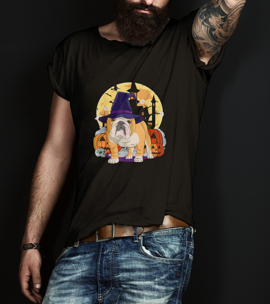 English Bulldog Witch Hat Halloween Pumpkins And Haunted House T-Shirt