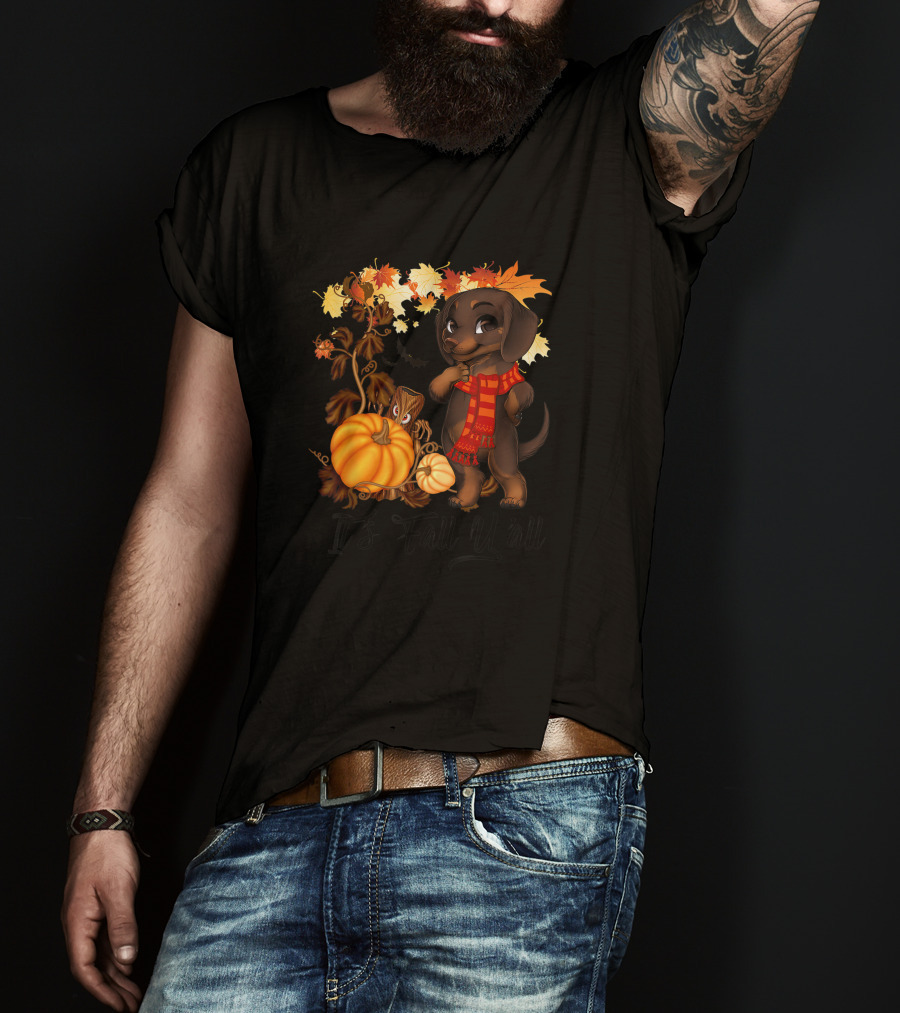 It's Fall Y'all Dachshund With Pumpkins And Autumn Leaves T-Shirt