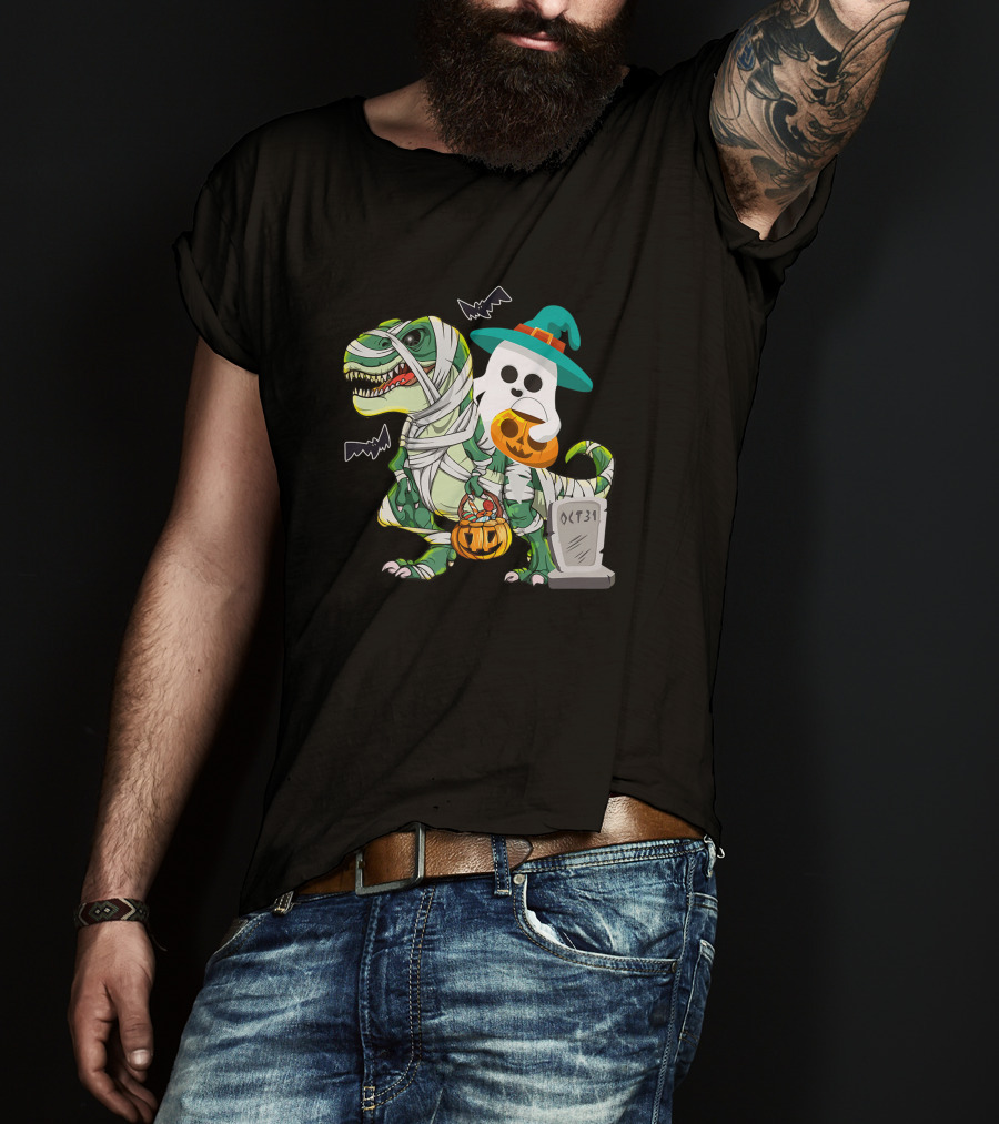 Ghostly Mummy Dinosaur With Pumpkin Candy And Oct 31 Tombstone T-Shirt