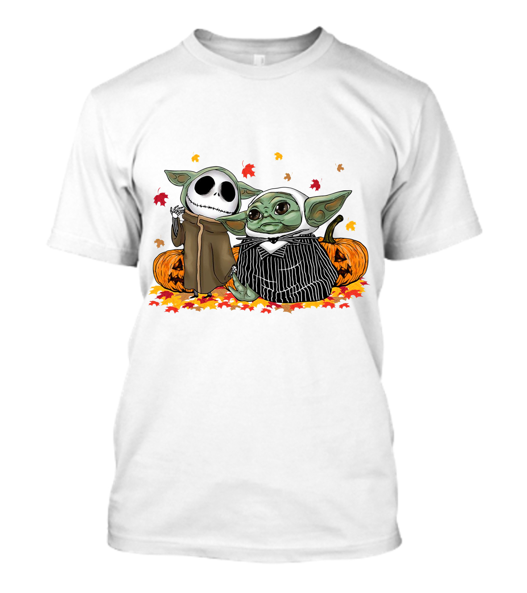Baby Yoda And Jack Skellington In Halloween Pumpkin Scene T-Shirt
