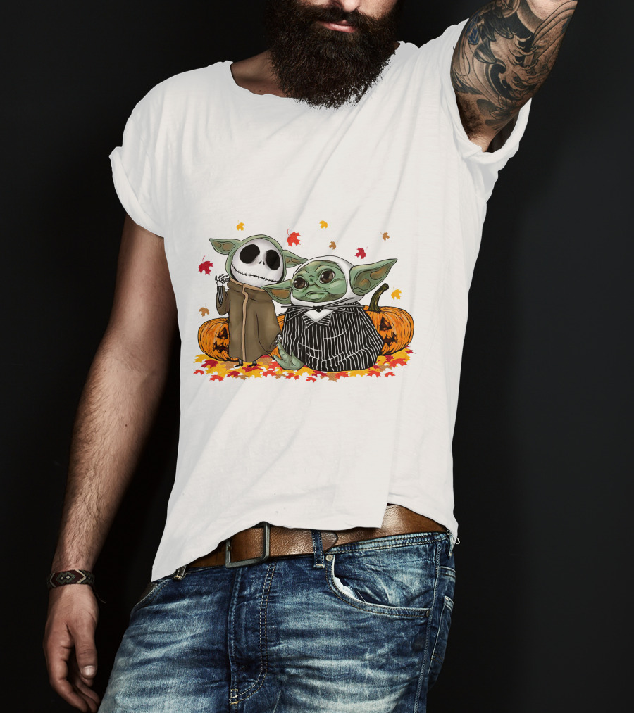 Baby Yoda And Jack Skellington In Halloween Pumpkin Scene T-Shirt