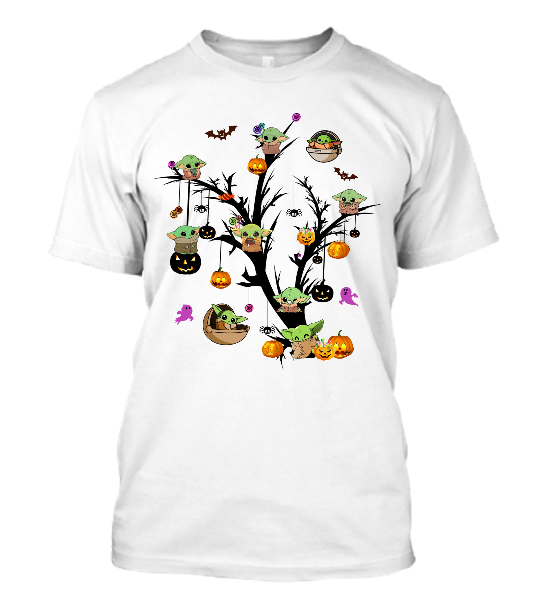 Spooky Halloween Baby Yoda Tree With Pumpkins And Bats T-Shirt