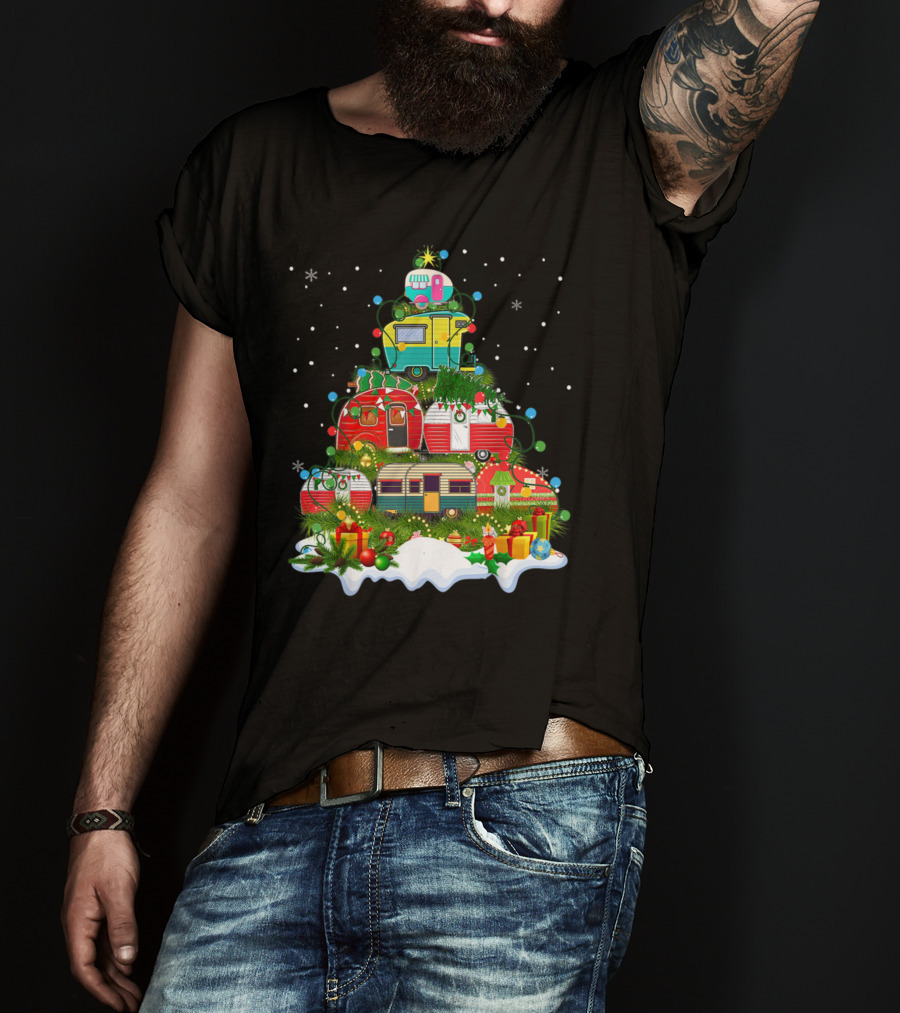 Christmas Tree Made Of Colorful Camping Trailers With Snowflakes And Presents T-Shirt