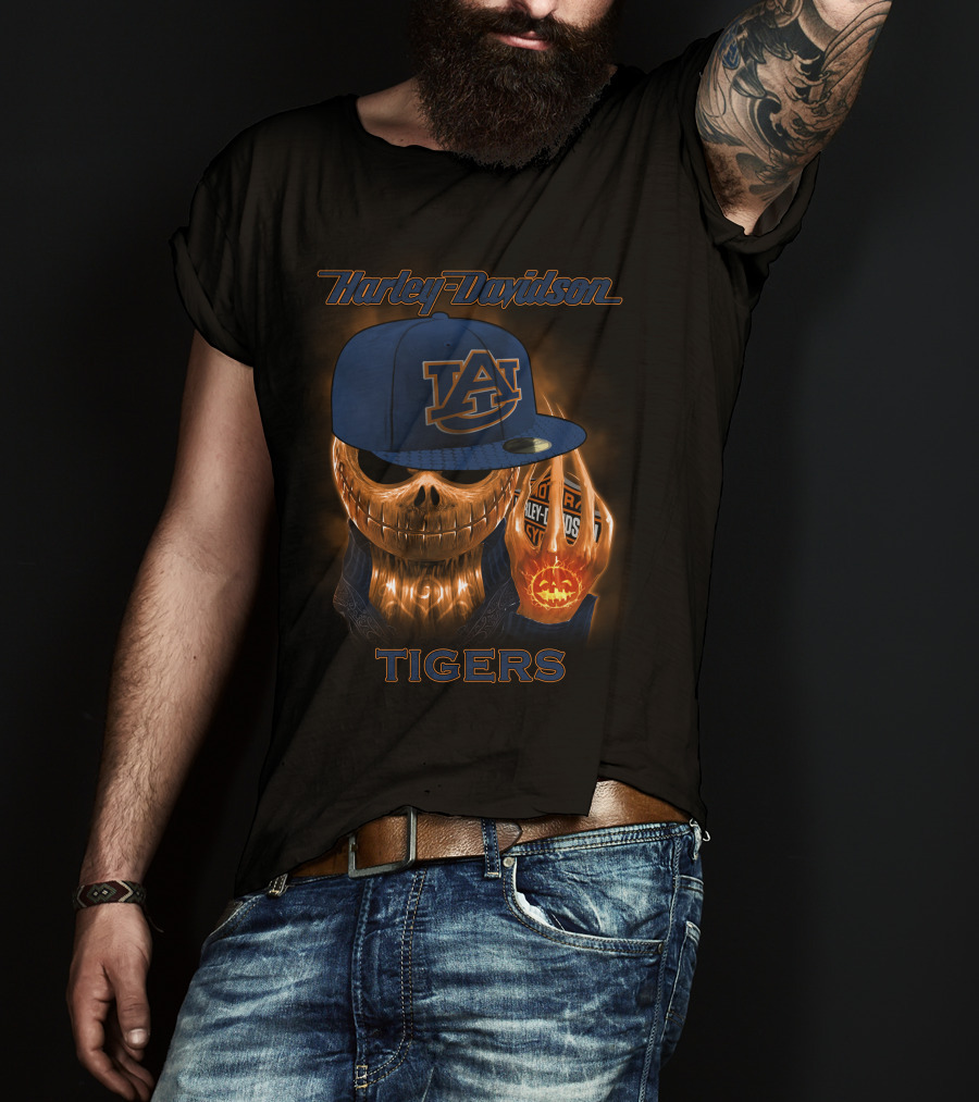 Harley Davidson Auburn Tigers Skeleton With Cap T-Shirt