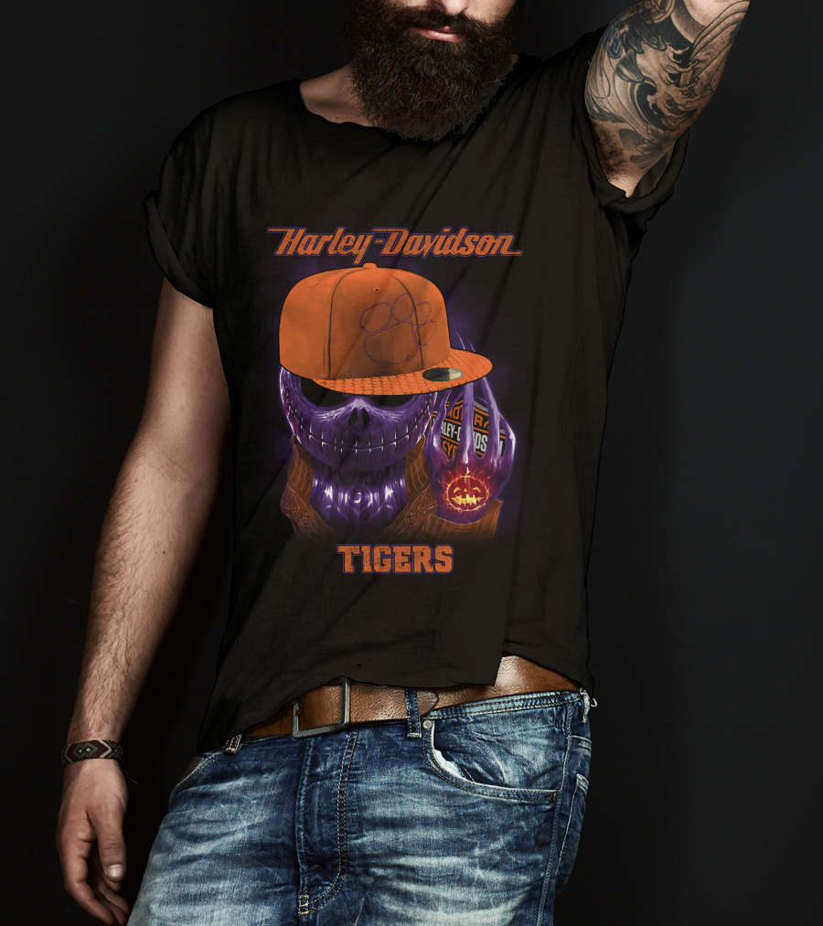 Harley Davidson Tigers Skull In Clemson Cap T-Shirt