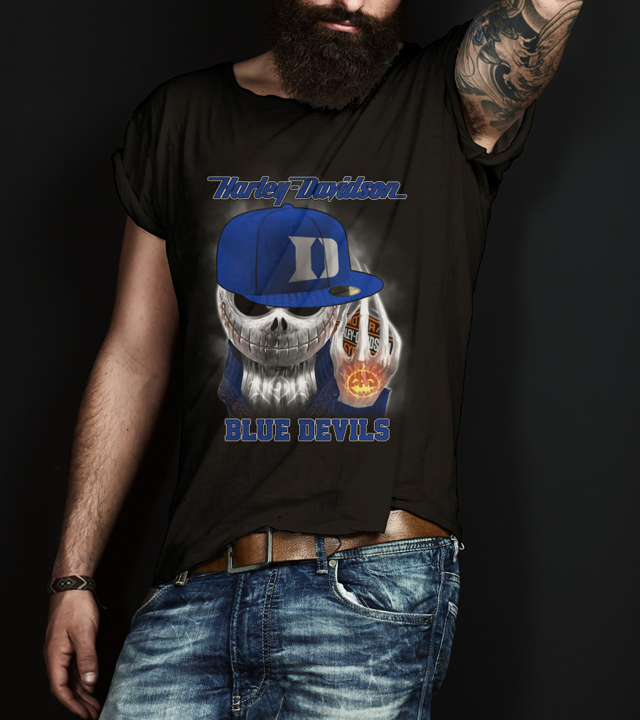 Harley Davidson Skull With Blue Devils Hat And Duke D T-Shirt
