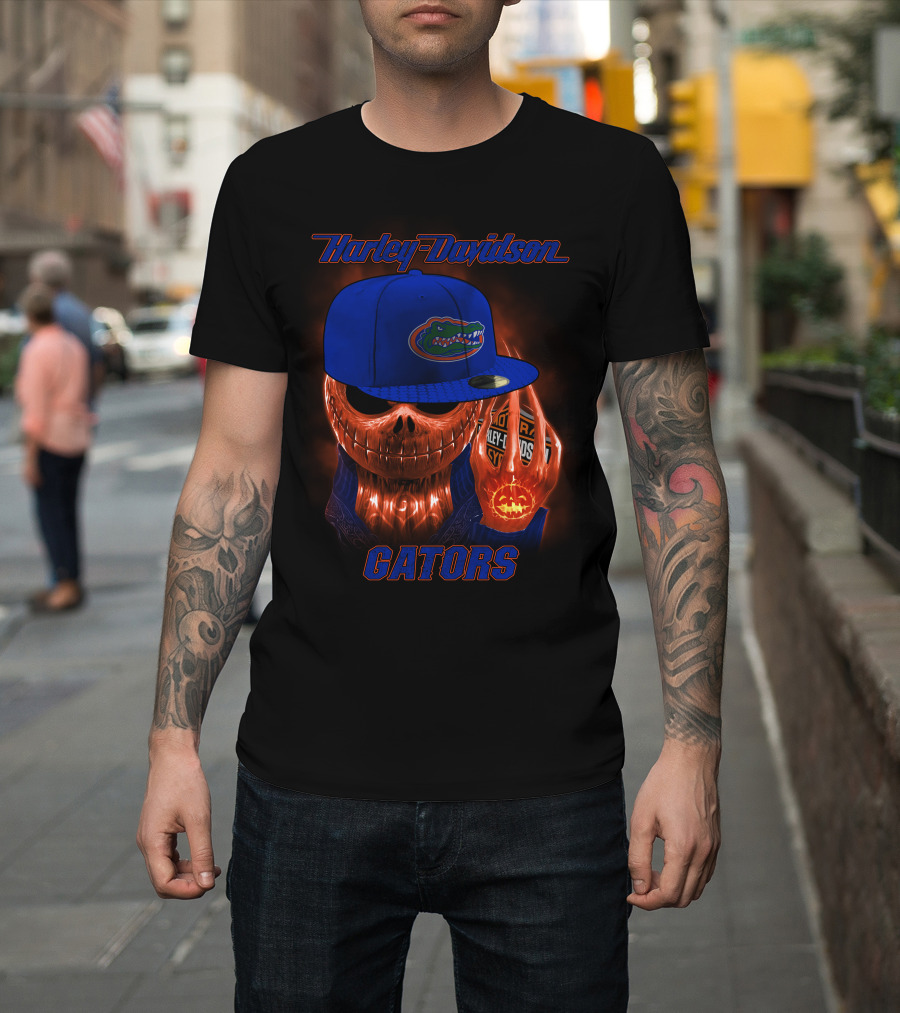 Harley Davidson Halloween Skull With Florida Gators Hat T-Shirt