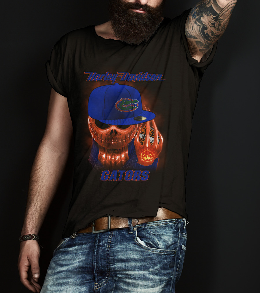 Harley Davidson Halloween Skull With Florida Gators Hat T-Shirt