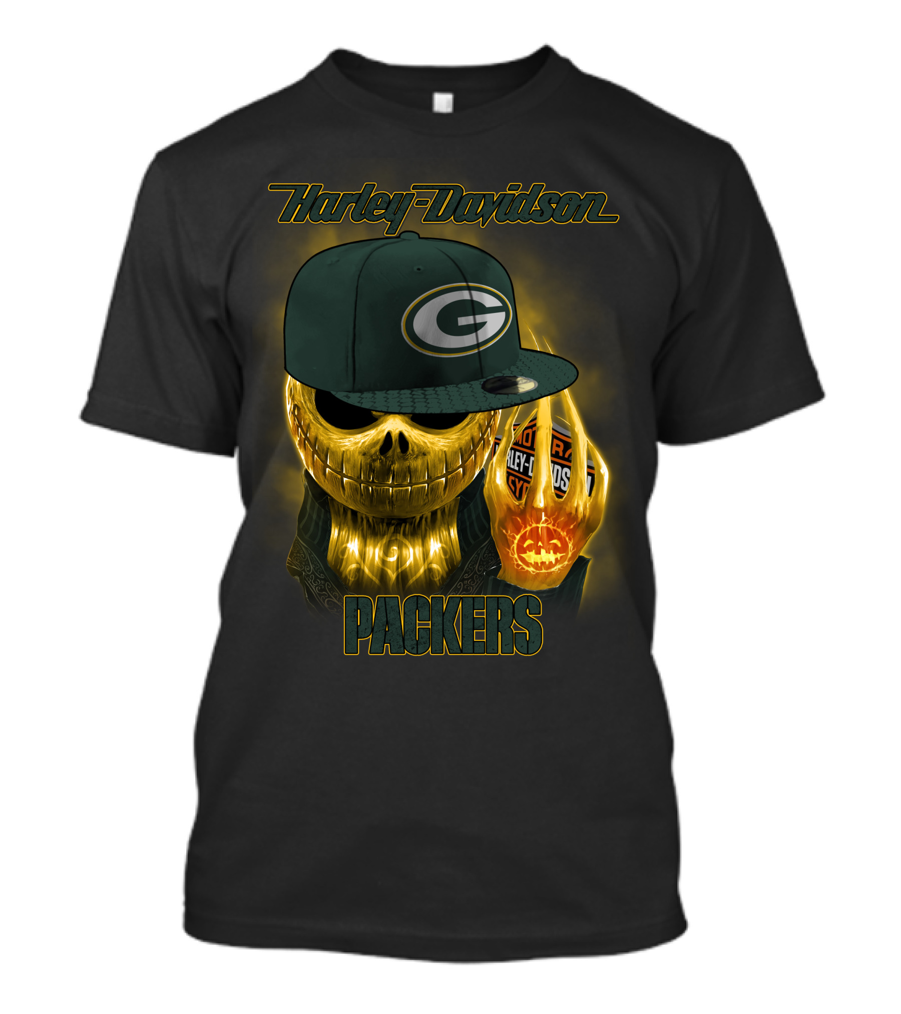 Harley Davidson Green Bay Packers Halloween Skull T-Shirt