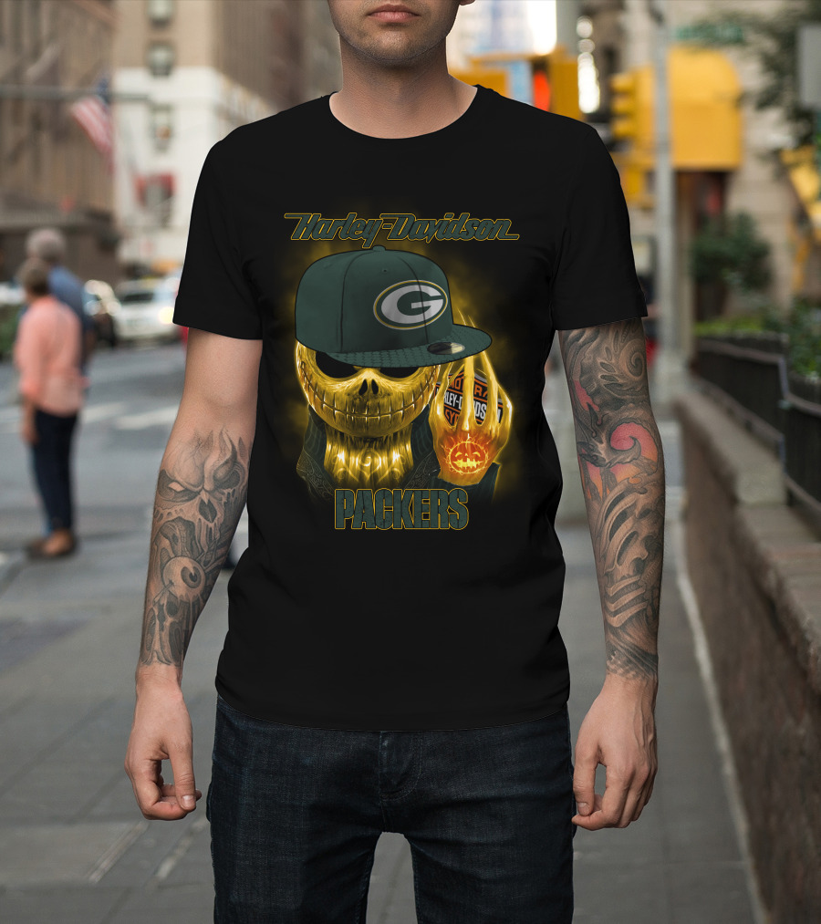 Harley Davidson Green Bay Packers Halloween Skull T-Shirt