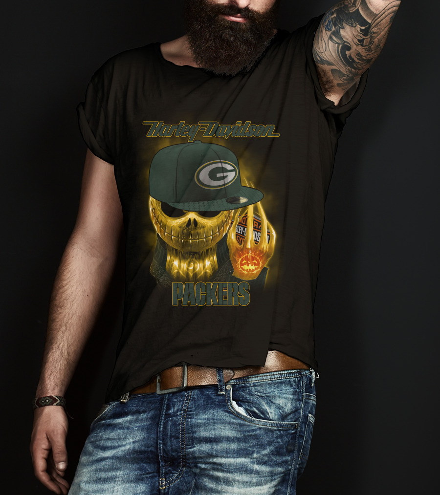 Harley Davidson Green Bay Packers Halloween Skull T-Shirt