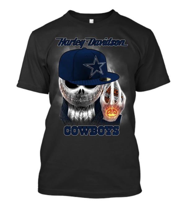 Harley Davidson Cowboys Skull With Dallas Cowboys Cap T-Shirt