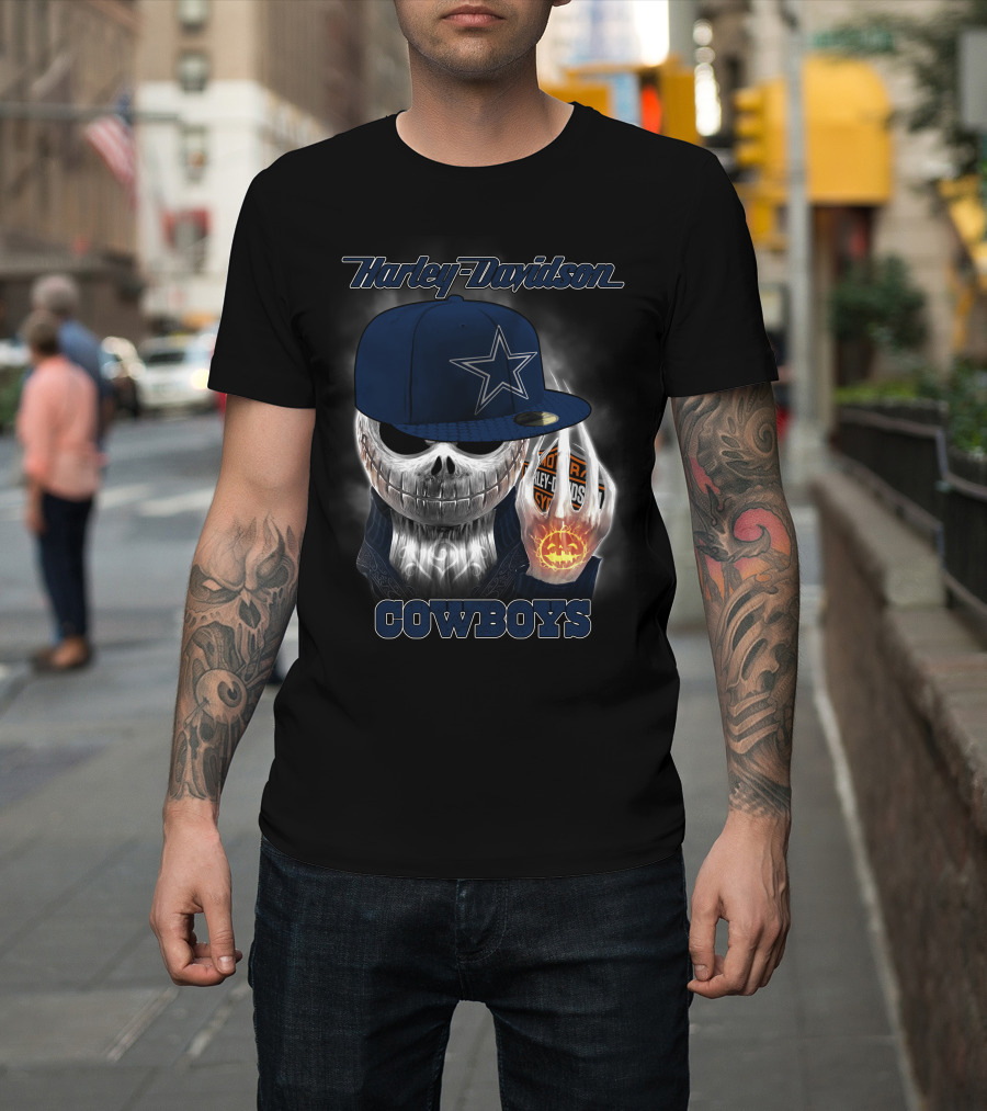 Harley Davidson Cowboys Skull With Dallas Cowboys Cap T-Shirt