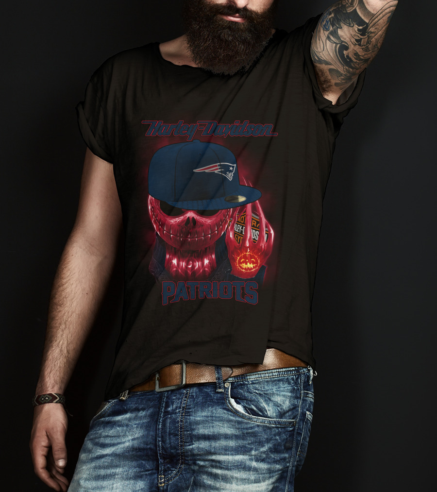 Harley Davidson Patriots New England Skull With Cap T-Shirt