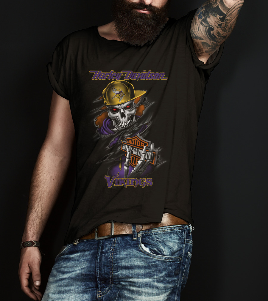 Harley Davidson Vikings Skull In Cap With Motorcycle T-Shirt