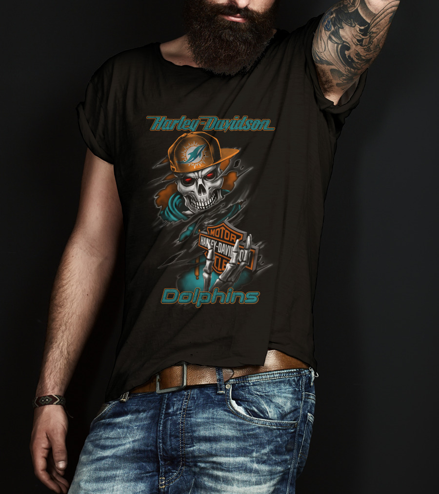 Harley Davidson Dolphins Motorcycle Skeleton With Miami Dolphins Cap T-Shirt
