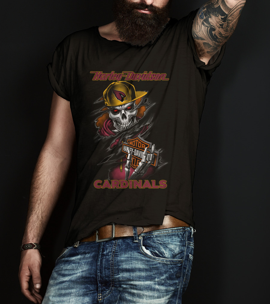 Harley Davidson Cardinals Skull In Cap With Motorcycles T-Shirt