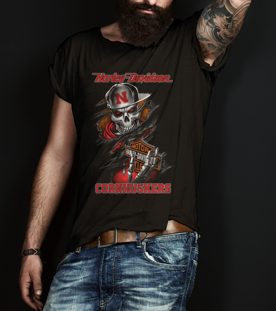 Harley Davidson Cornhuskers Skull With Cap T-Shirt