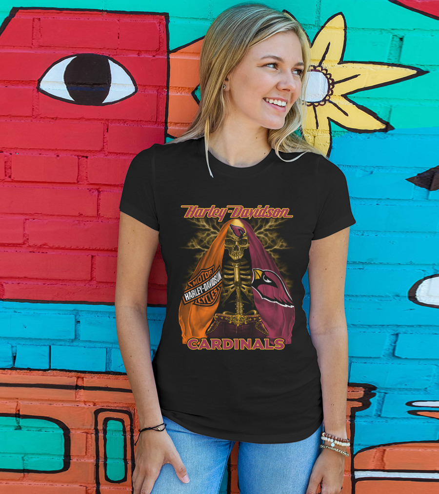 Harley Davidson Arizona Cardinals Skull And Skeleton With Logos T-Shirt