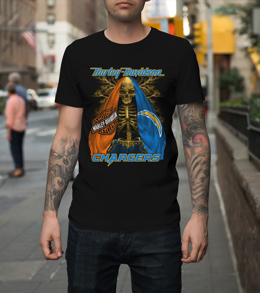 Harley Davidson Los Angeles Chargers Skeleton With Lightning Bolt And Motorcycle T-Shirt