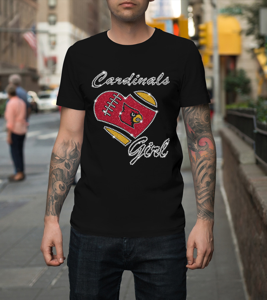 Cardinals Girl Louisville Football Heart Sparkle T-Shirt