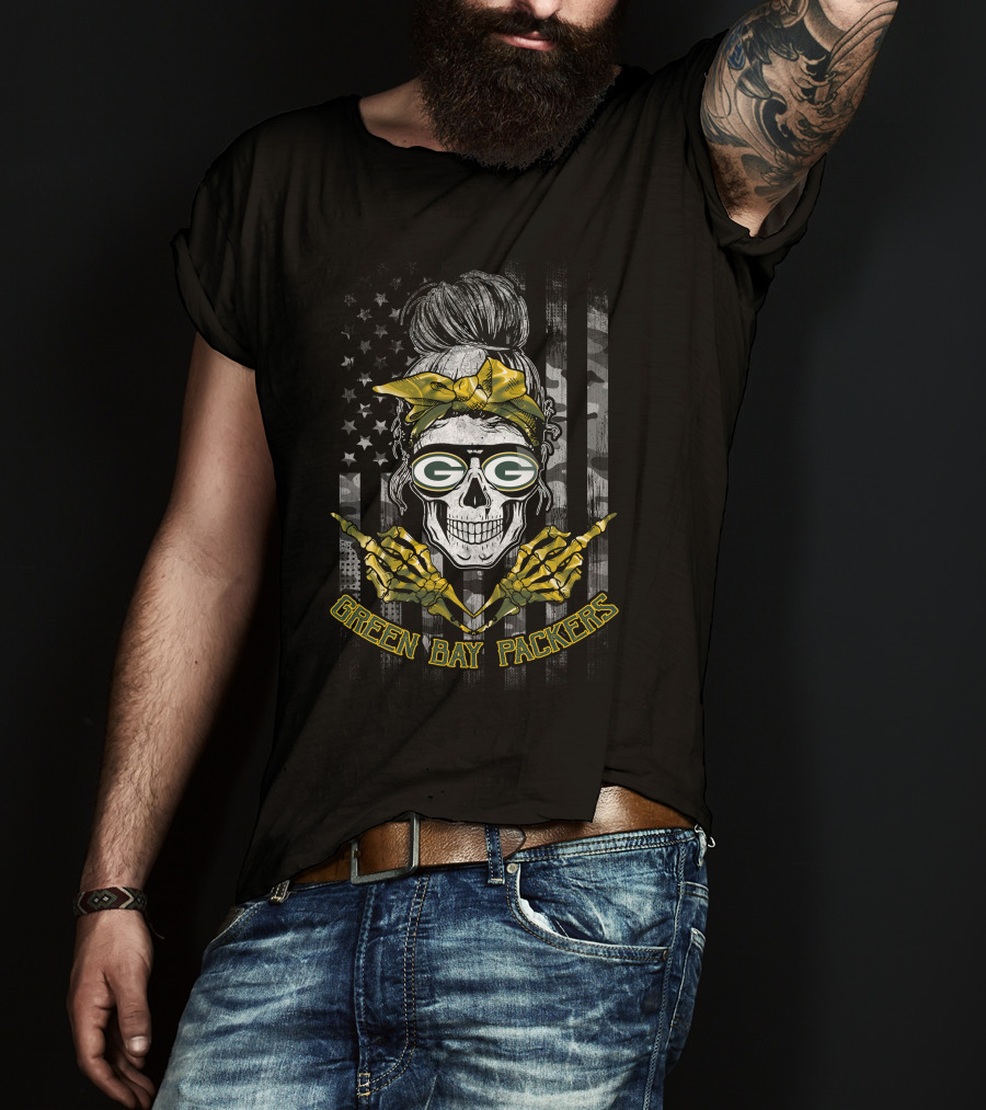 Green Bay Packers Skull Girl American Flag Yellow Bandana T-Shirt