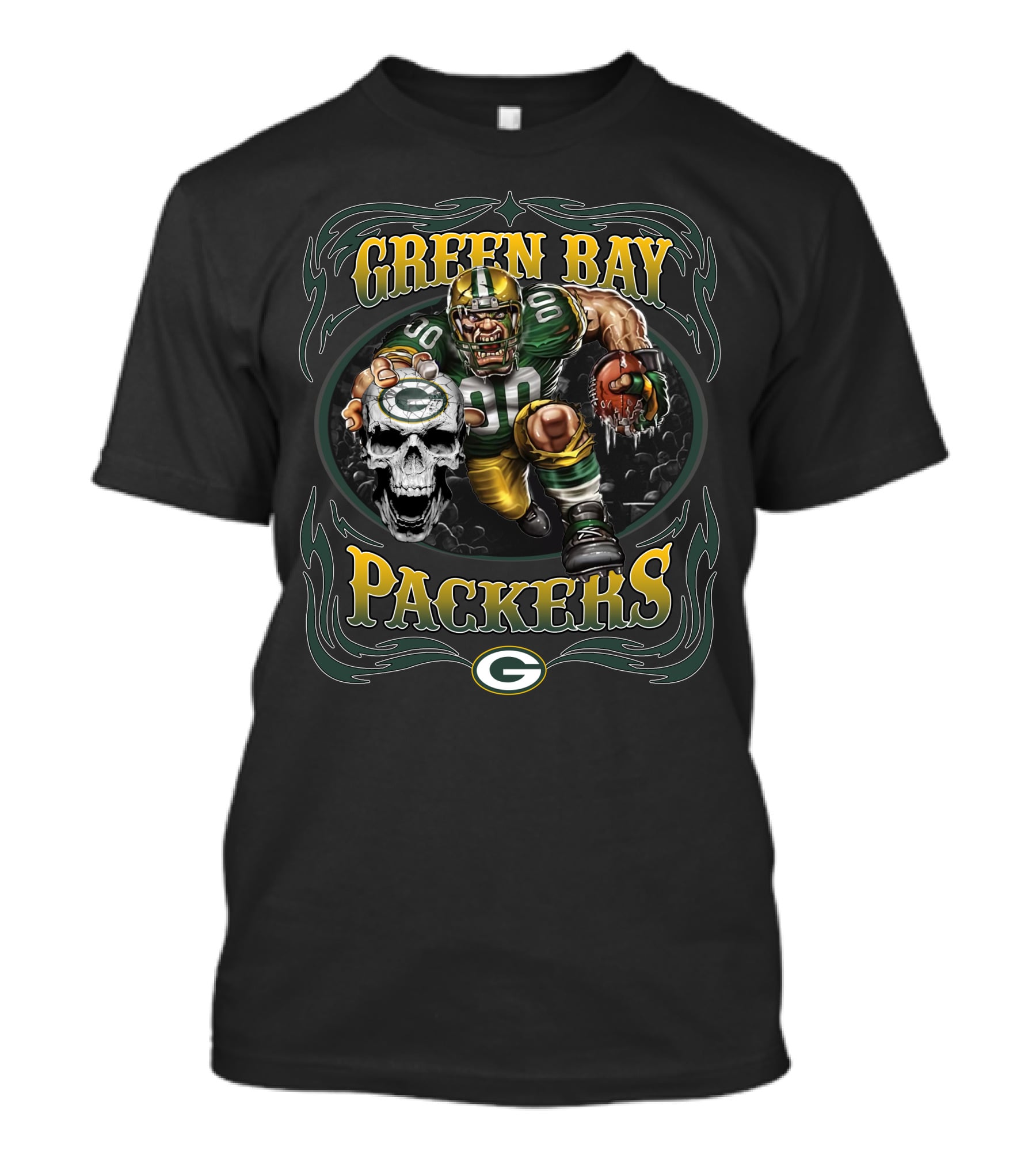 Green Bay Packers Fierce Football Warrior With Skull And Helmet T-Shirt