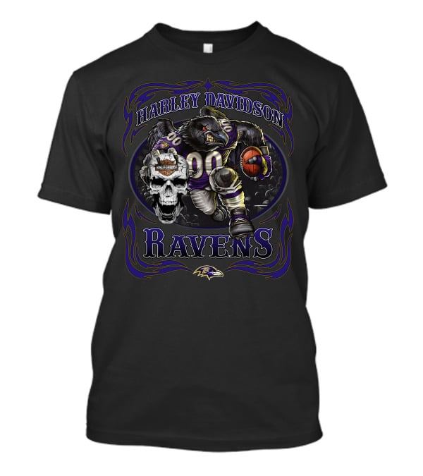 Harley Davidson Baltimore Ravens 90 Skull Logo Bear Football T-Shirt