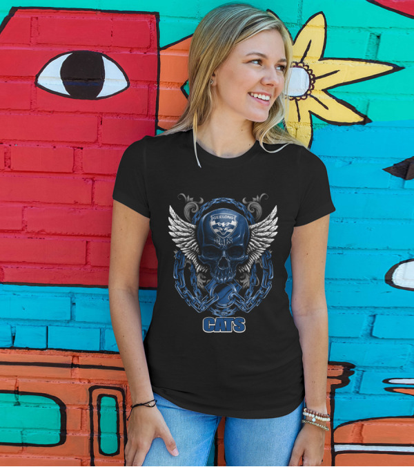 Geelong Cats Skull With Chains And Wings T-Shirt