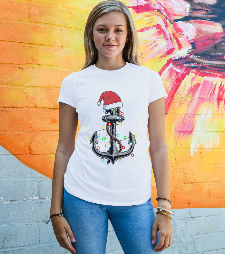 Christmas Lights Santa Hat Anchor Boating Sailing Funny Boat T-Shirt