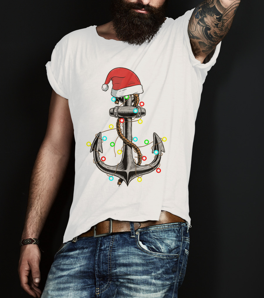 Christmas Lights Santa Hat Anchor Boating Sailing Funny Boat T-Shirt