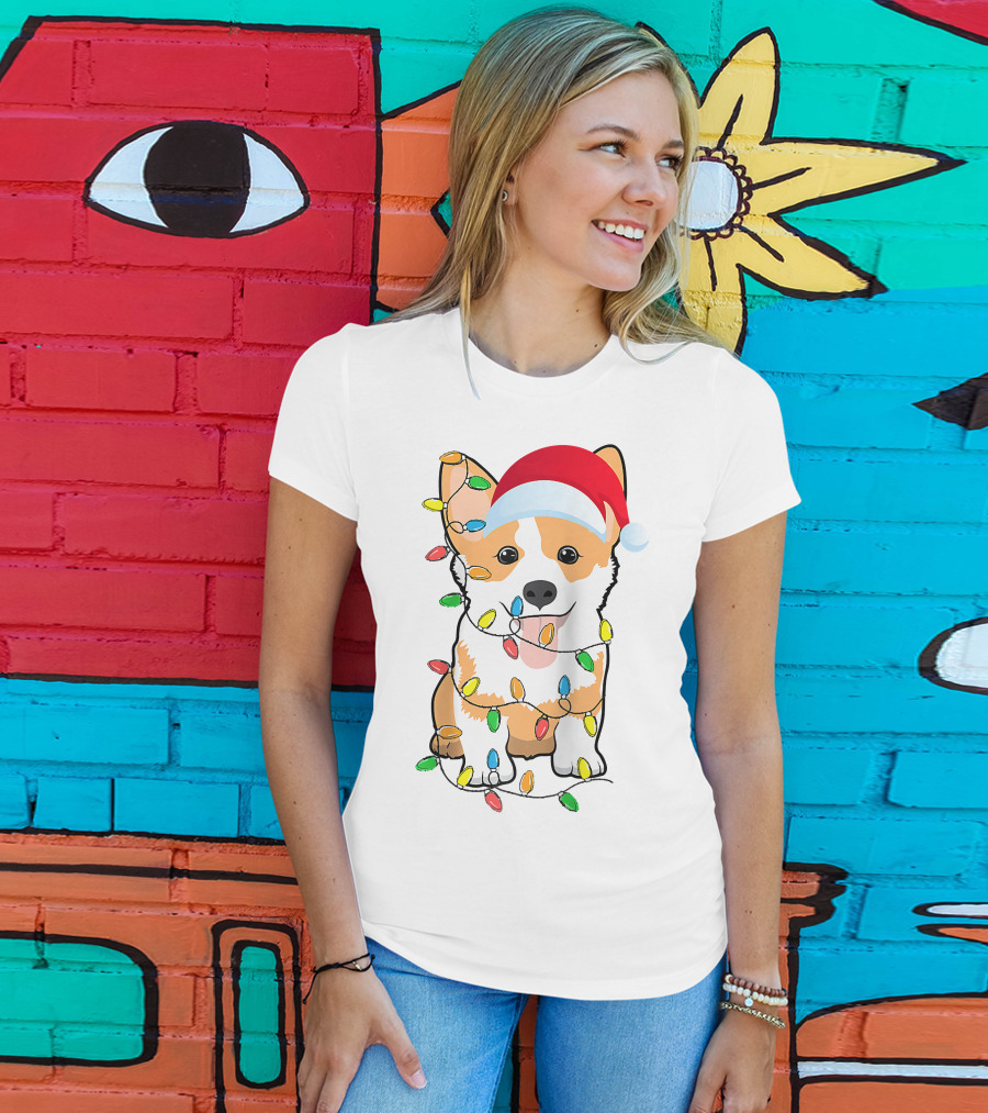 Christmas Corgi Funny Santa Hat Xmas Lights Raglan Baseball T-Shirt