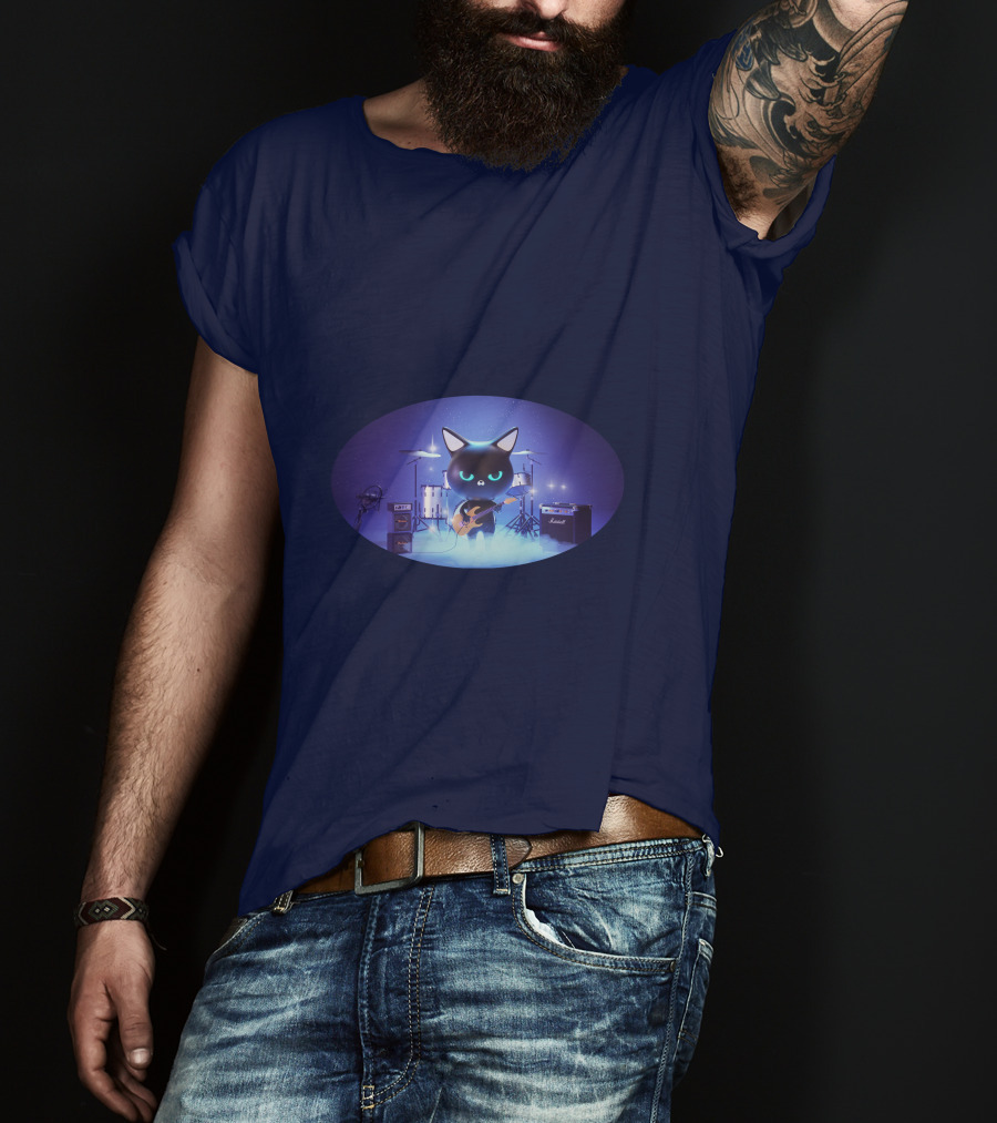 Cat Playing Guitar On Stage With Drums And Amps T-Shirt