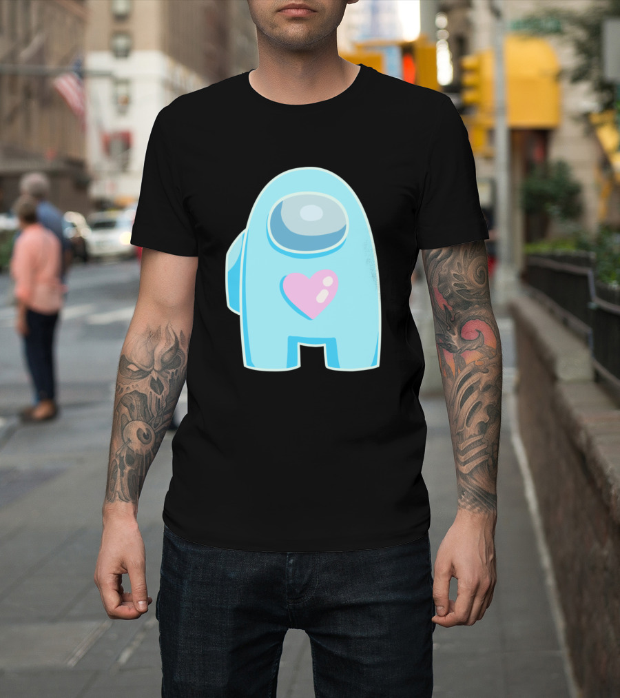 Blue Among Us Crewmate Pink Heart T-Shirt
