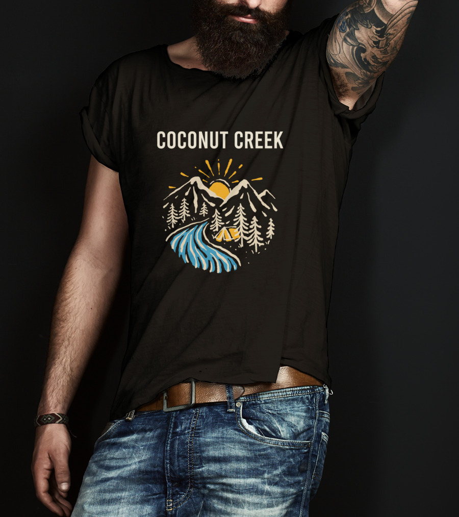 Coconut Creek Mountains Sunrise And River Camping Scene T-Shirt