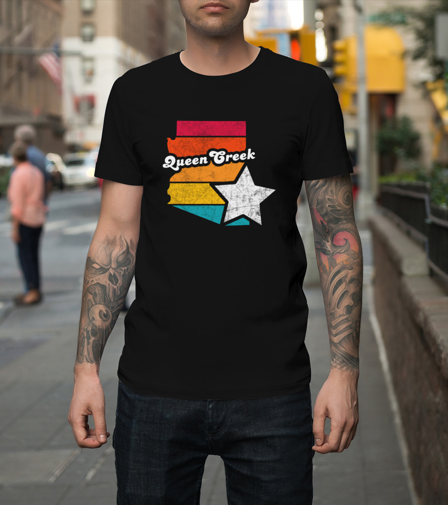 Queen Creek Arizona Vintage Map Star Retro Stripe T-Shirt