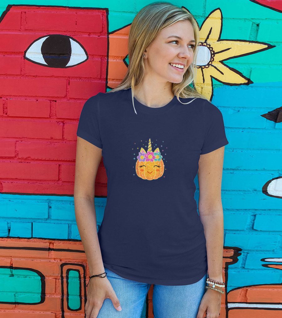 Cute Unicorn Pumpkin With Glittery Sparkling Flowers And Stars T-Shirt