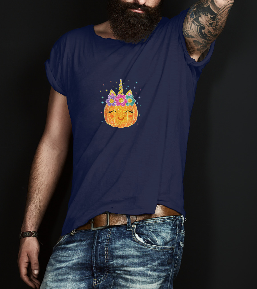 Cute Unicorn Pumpkin With Glittery Sparkling Flowers And Stars T-Shirt