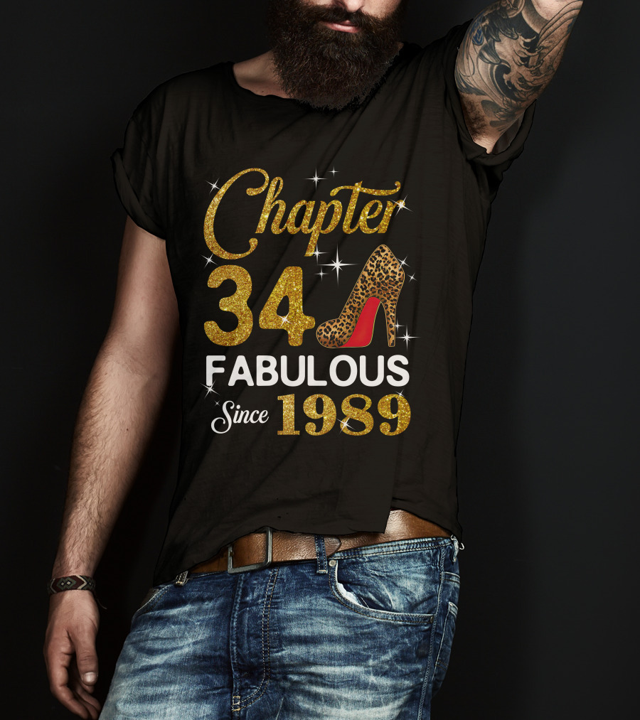 Chapter 34 Fabulous Since 1989 Golden Glitter Leopard Print Heel T-Shirt