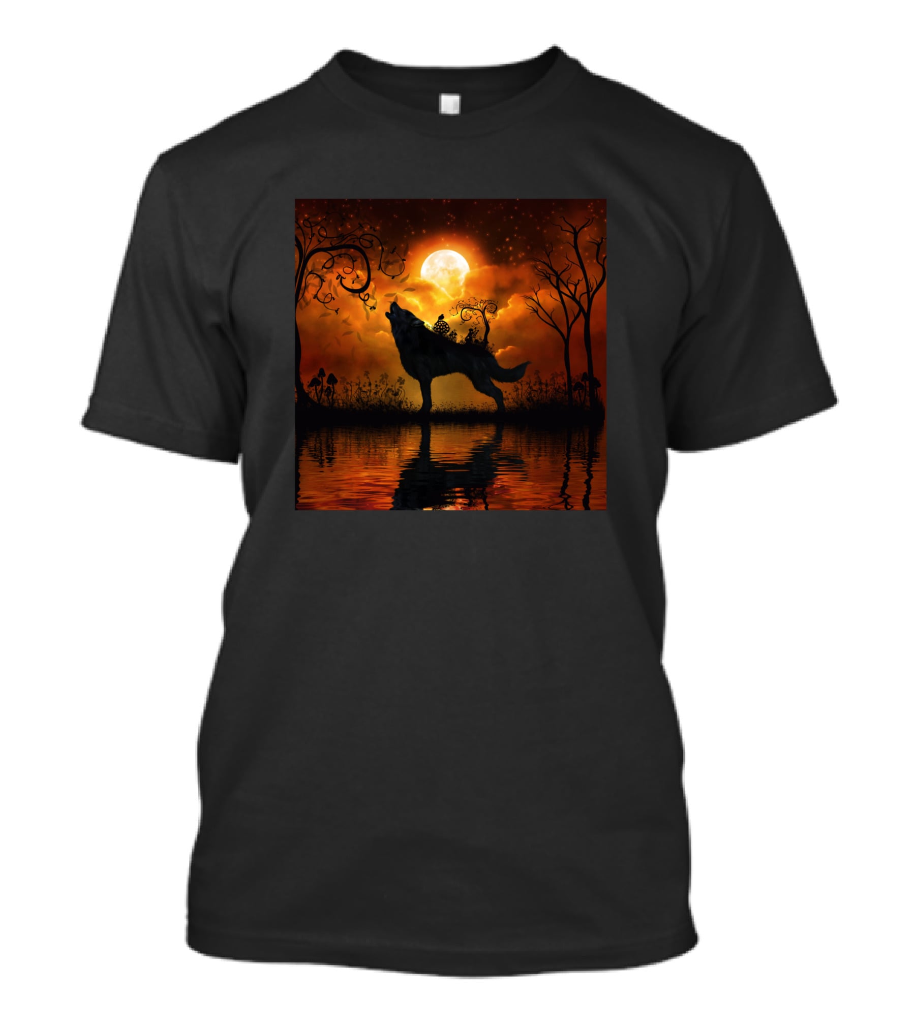 Awesome Wolf Silhouette Under Full Moon Reflection Mystical Forest 1541209 T-Shirt