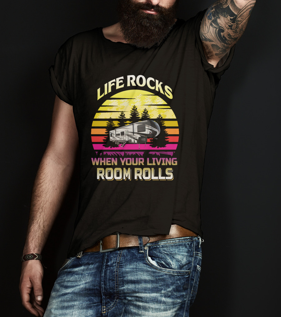 LIFE ROCKS WHEN YOUR LIVING ROOM ROLLS Heartland Torque 3 Sunset Camper Forest T-Shirt
