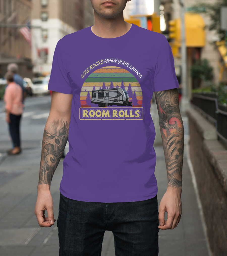 Life Rocks When Your Living Room Rolls Camper Vintage Sunset Forest T-Shirt