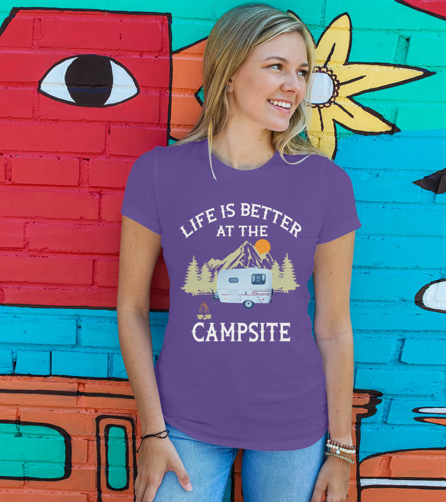 Life Is Better At The Campsite Scamp Small Travel Trailers Mountain Sunset T-Shirt